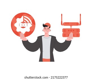 A man holds the internet of things logo in his hands. Router and server. Internet of things concept. Isolated. Vector illustration in flat style.