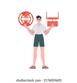 Un hombre tiene el logo de Internet de las cosas en sus manos. Enrutador y servidor. Internet de las cosas y concepto de automatización. Aislado. Ilustración vectorial en estilo plano de moda.