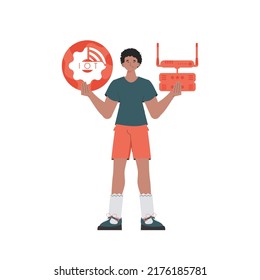 A man holds the internet of things logo in his hands. Router and server. IoT concept. Isolated. Vector illustration in flat style.