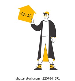 A man holds the internet of things logo in his hands. Trend lineart style. Isolated on white background. Vector illustration.