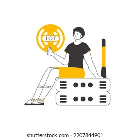 Un hombre tiene el logo de Internet de las cosas en sus manos. Estilo moderno lineal. Aislado sobre fondo blanco. Vector.