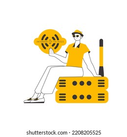 Un hombre tiene el logo de Internet de las cosas en sus manos. Estilo lineal. Aislado sobre fondo blanco. Ilustración vectorial.