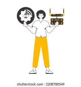 A man holds the internet of things logo in his hands. Linear trendy style. Isolated. Vector.