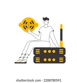 Un hombre tiene el logo de Internet de las cosas en sus manos. Estilo lineal. Aislado. Vector.