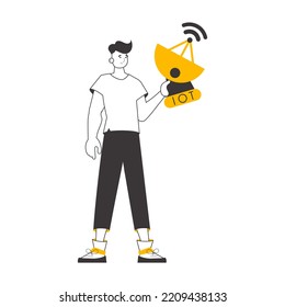 A man holds the internet of things logo in his hands. Linear modern style. Isolated. Vector illustration.