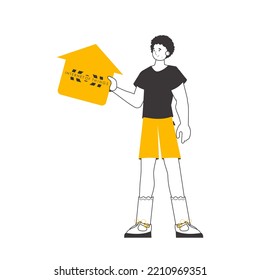 Un hombre tiene el logo de Internet de las cosas en sus manos. Estilo de linearto de tendencia. Aislado. Vector.