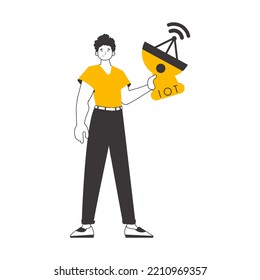 A man holds the internet of things logo in his hands. Linear modern style. Isolated on white background. Vector illustration.