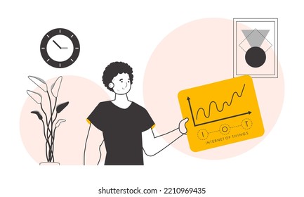 Un hombre tiene el logo de Internet de las cosas en sus manos. Estilo lineal. Ilustración vectorial.
