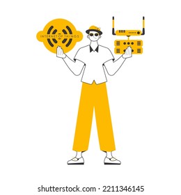 A man holds the internet of things logo in his hands. Lineart style. Isolated on white background. Vector.