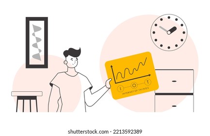 A man holds the internet of things logo in his hands. Linear trendy style. Vector illustration.