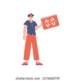 A man holds an IoT logo in his hands. IOT and automation concept. Isolated. Trendy flat style. Vector illustration.