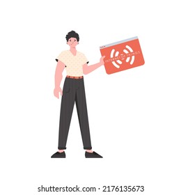 Un hombre sostiene un logo de IoT en sus manos. concepto de IOT y automatización. Aislado. Vector.