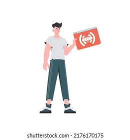 Un hombre sostiene un logo de IoT en sus manos. concepto de IOT y automatización. Aislado. Ilustración vectorial en estilo plano de moda.