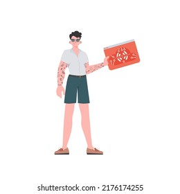 Un hombre sostiene un logo de IoT en sus manos. Internet de las cosas y concepto de automatización. Aislado. Ilustración vectorial en estilo plano.