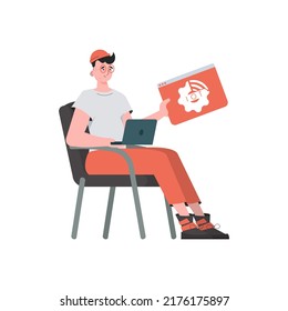 A man holds an IoT logo in his hands. Internet of things concept. Isolated. Trendy flat style. Vector illustration.
