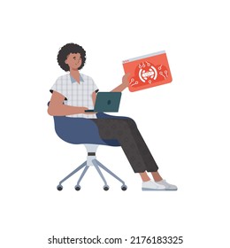 Un hombre sostiene un logo de IoT en sus manos. El concepto de Internet de las cosas. Aislado. Estilo moderno y plano. Ilustración vectorial.