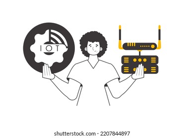 A man holds the IOT logo in his hands. Linear modern style. Isolated on white background. Vector.
