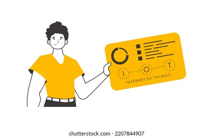 A man holds the IOT logo in his hands. Linear trendy style. Isolated. Vector illustration.