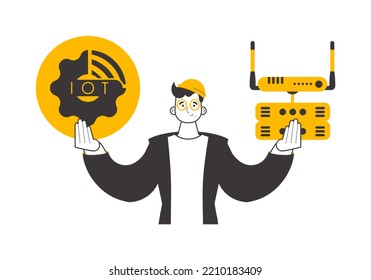 Un hombre sostiene el logo del IOT en sus manos. Estilo lineal. Aislado. Vector.