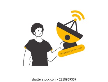 A man holds the IOT logo in his hands. Linear trendy style. Isolated on white background. Vector illustration.