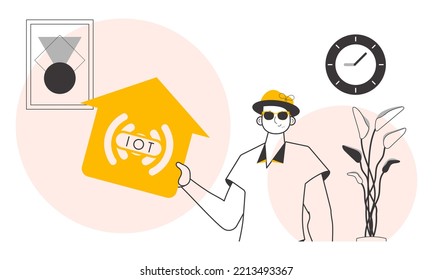 A Man Holds The IOT Logo In His Hands. Lineart Style. Vector.