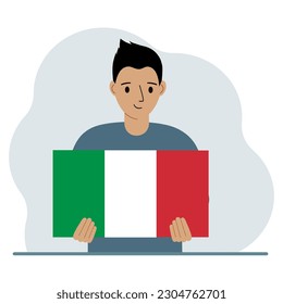 A man holds an Italian flag in his hands. The concept of demonstration, national holiday or patriotism. Nationality. Vector flat illustration