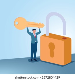 A man holds a key and a padlock beside him. Illustration to unlock secrets, find strategies and open business tips.