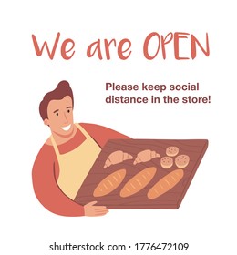 Man holds a kitchen board with fresh bread and croissants. Bakery is open. Coronavirus quarantine vector flat cartoon illustration.