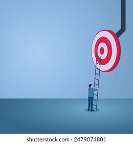 A man holds a ladder to a large target above, an illustration of goal achievement.