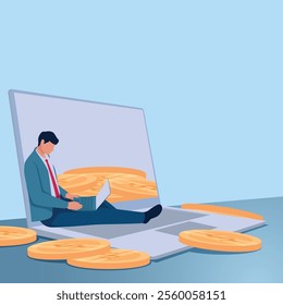 A man holds a laptop and coins are scattered around him. Illustration for making money online, working from home, freelancing.