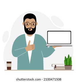 A man holds a laptop computer on his hand and shows a thumbs up sign. Laptop computer technology concept. Vector flat illustration.