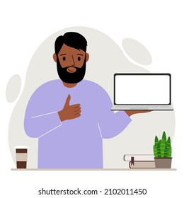 Un hombre sostiene una computadora portátil en su mano y muestra un pulgar hacia arriba. Concepto de tecnología informática portátil. Vector