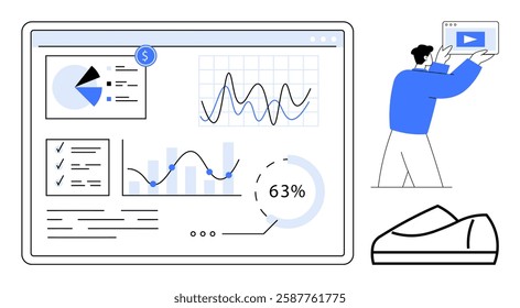 Man holds laptop displaying video next to analytics dashboard featuring various graphs, pie charts, and to-do lists, accompanied by a cup. Ideal for business planning, data analysis, marketing