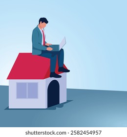 A man holds a laptop on a toy house. Illustration for remote work, work from home and freelancing from anywhere.