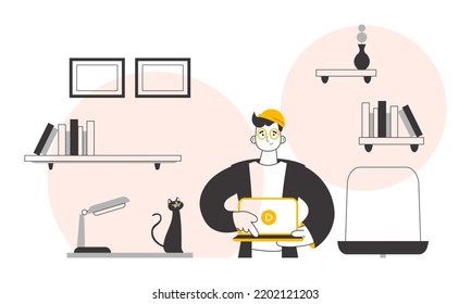 A man holds a laptop and presses play. Vector. Lines modern style.