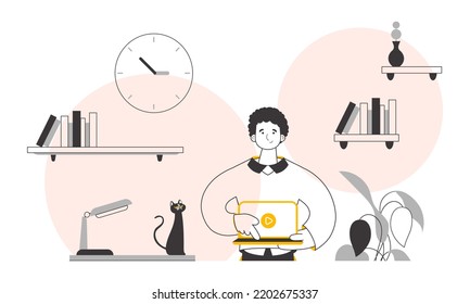 A man holds a laptop and presses play. Vector. Line art style.