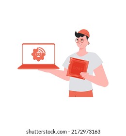 A man holds a laptop and a processor chip in his hands. Internet of things and automation concept. Isolated. Vector.