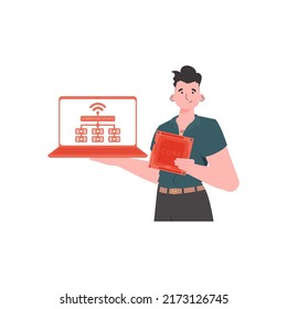 A man holds a laptop and a processor chip in his hands. IOT and automation concept. Isolated. Vector.