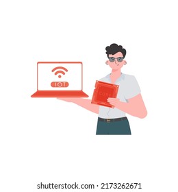 A man holds a laptop and a processor chip in his hands. IOT and automation concept. Isolated. Trendy flat style. Vector illustration.