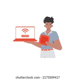 A man holds a laptop and a processor chip in his hands. IOT and automation concept. Isolated. Vector illustration in flat style.