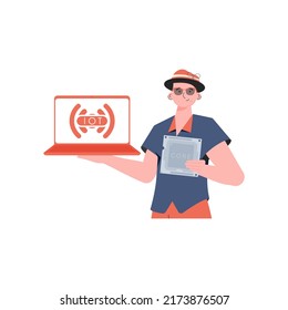A man holds a laptop and a processor chip in his hands. Internet of things concept. Isolated. Vector.