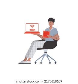 A man holds a laptop and a processor chip in his hands. Internet of things and automation concept. Isolated. Vector.