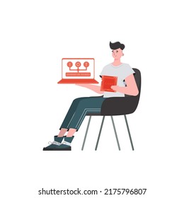 A man holds a laptop and a processor chip in his hands. Internet of things concept. Isolated. Vector.