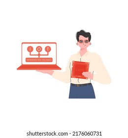 A man holds a laptop and a processor chip in his hands. Internet of things concept. Isolated. Trendy flat style. Vector illustration.