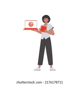 A man holds a laptop and a processor chip in his hands. IoT concept. Isolated. Vector.