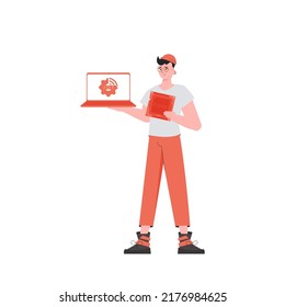 A man holds a laptop and a processor chip in his hands. IoT concept. Isolated. Vector illustration in flat style.