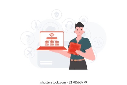 A man holds a laptop and a processor chip in his hands. IOT and automation concept. Vector illustration in flat style.