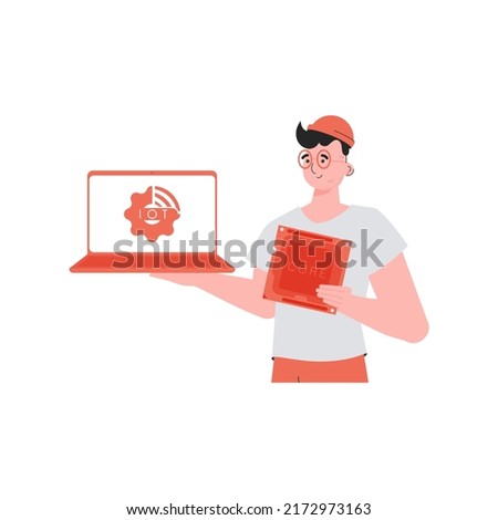 A man holds a laptop and a processor chip in his hands. Internet of things and automation concept. Isolated. Vector.