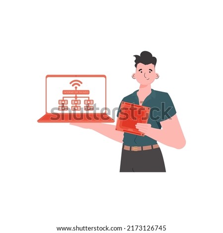 A man holds a laptop and a processor chip in his hands. IOT and automation concept. Isolated. Vector.