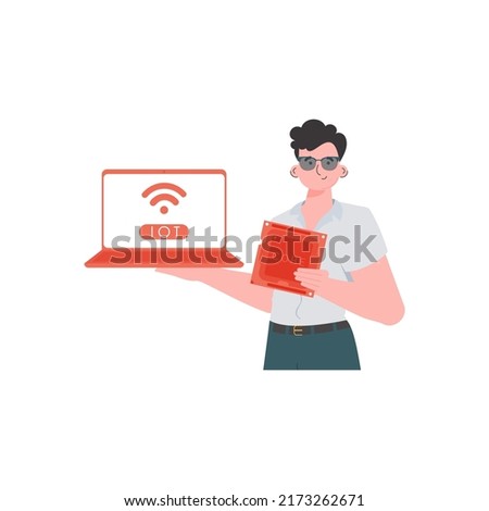 A man holds a laptop and a processor chip in his hands. IOT and automation concept. Isolated. Trendy flat style. Vector illustration.